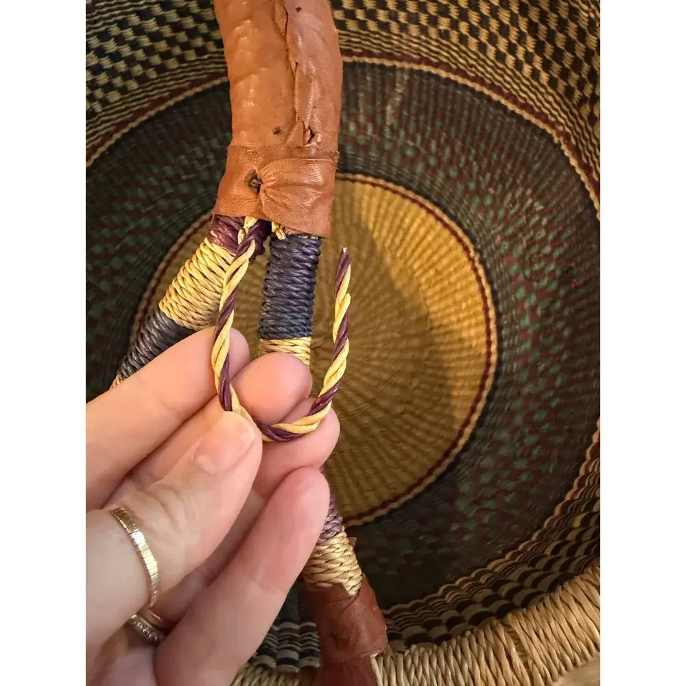 Bolga basket LARGE Hand Woven Natural African Market Leather Handle Reshapeable